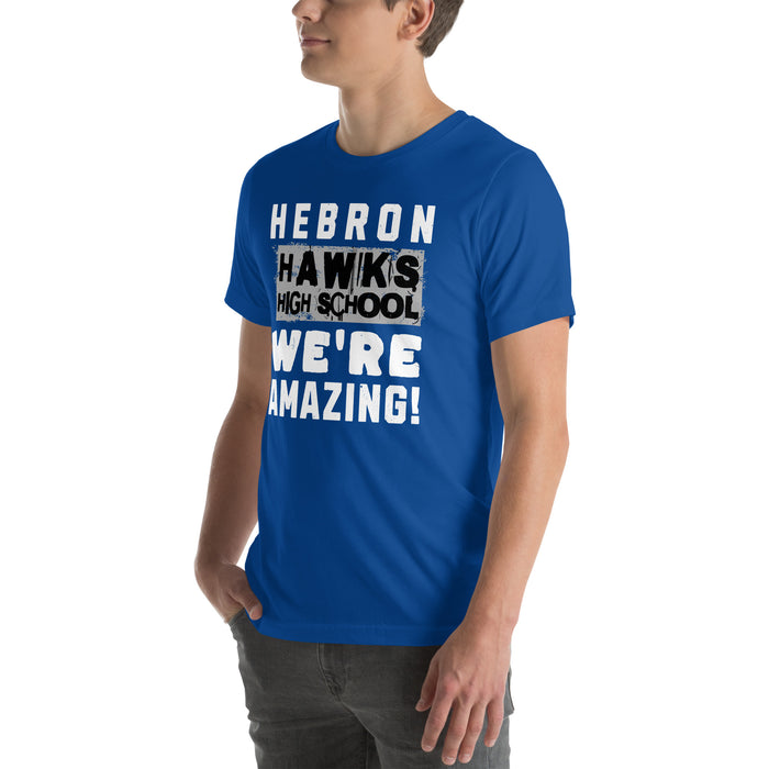 Man wearing Hebron High School Hawks Royal Blue Premium Unisex T-shirt 231