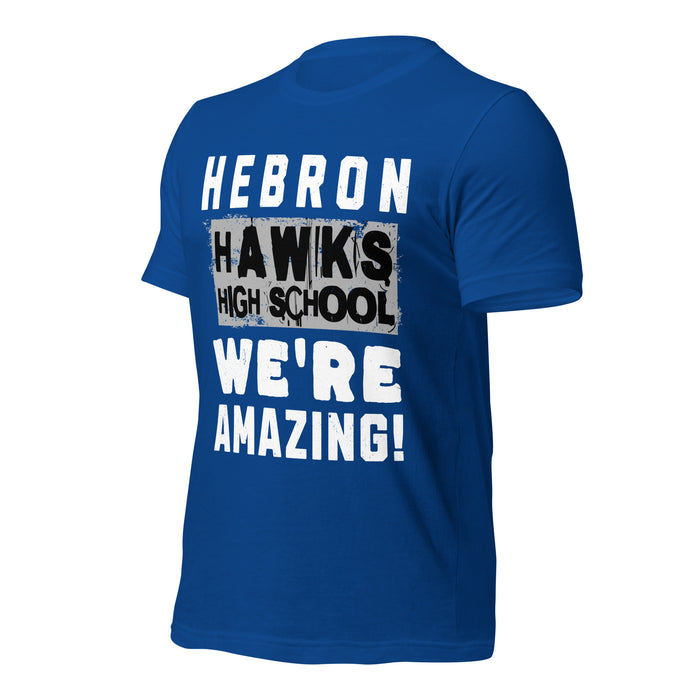 Profile view of Hebron High School Hawks Royal Blue Premium Unisex T-shirt 231