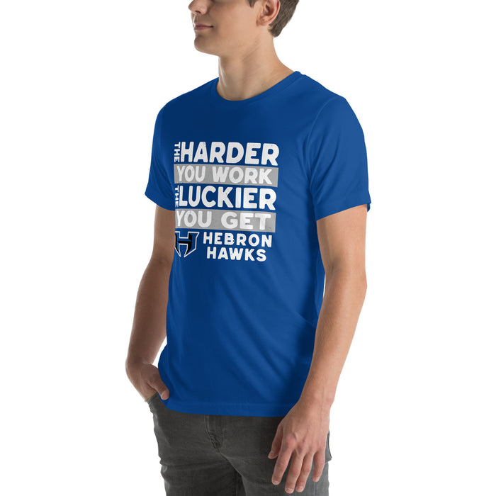 Man wearing Hebron High School Hawks Royal Blue Premium Unisex T-shirt 238