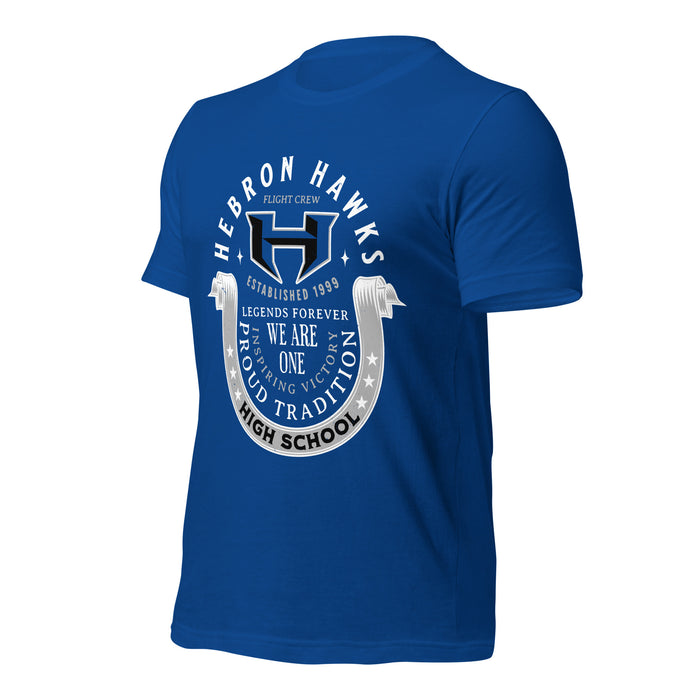 Profile view of Hebron High School Hawks Royal Blue Premium Unisex T-shirt 229
