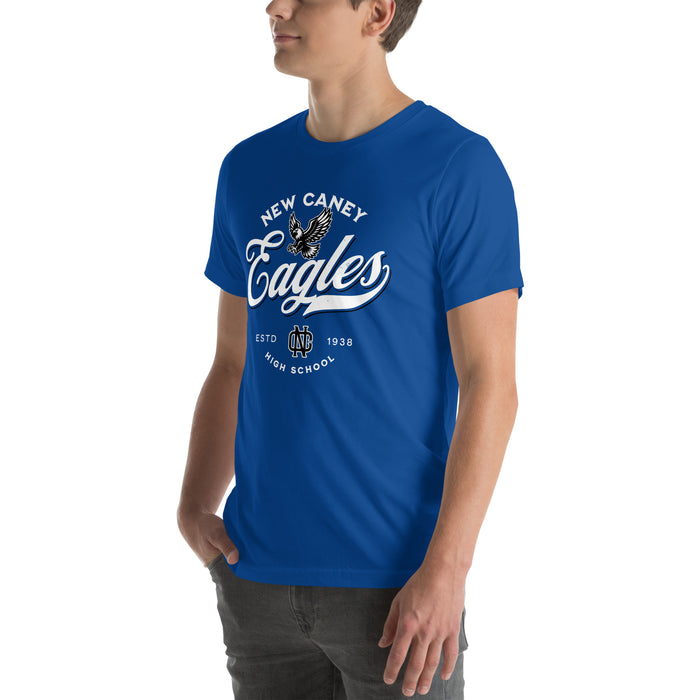 Man wearing New Caney High School Eagles Royal Blue Premium Unisex T-shirt 226