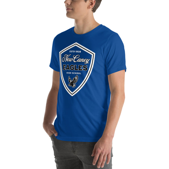 Man wearing New Caney High School Eagles Royal Blue Premium Unisex T-shirt 225