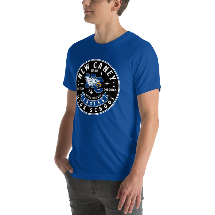 Man wearing New Caney High School Eagles Royal Blue Premium Unisex T-shirt 215