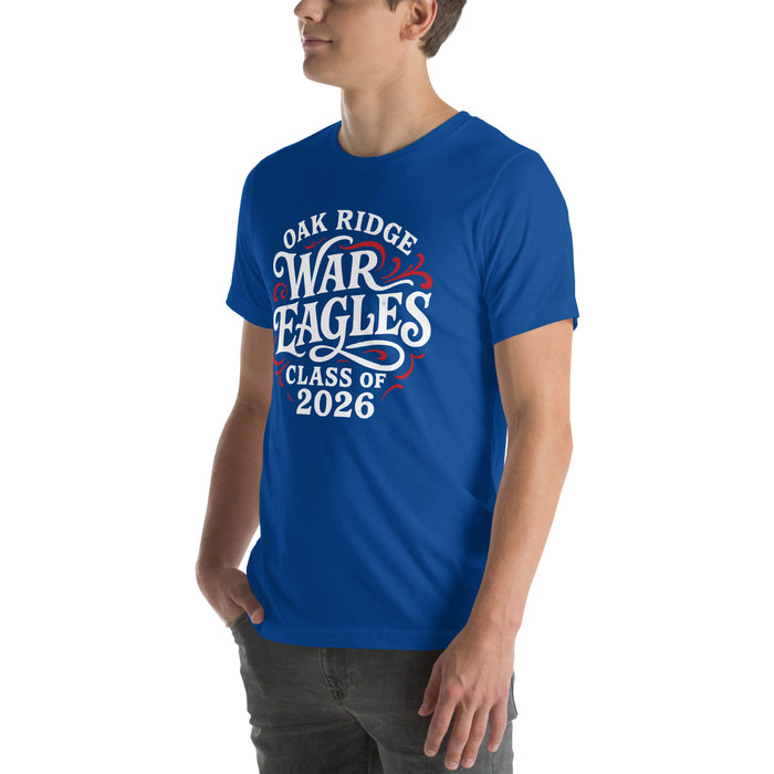 Man wearing Oak Ridge High School War Eagles Royal Blue Premium Unisex T-shirt 254