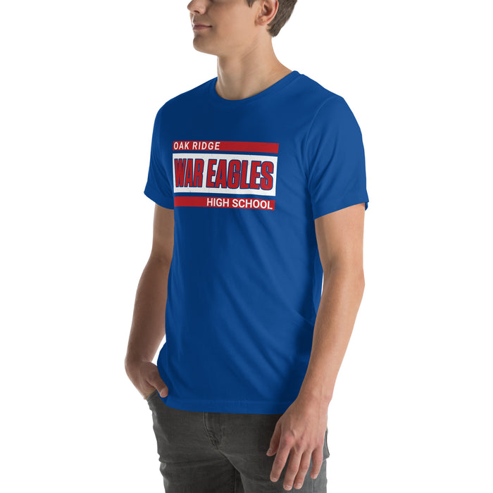Man wearing Oak Ridge High School War Eagles Royal Blue Premium Unisex T-shirt 098