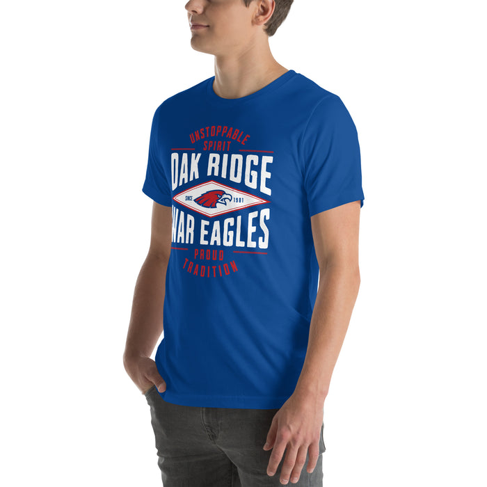 Man wearing Oak Ridge High School War Eagles Royal Blue Premium Unisex T-shirt 210