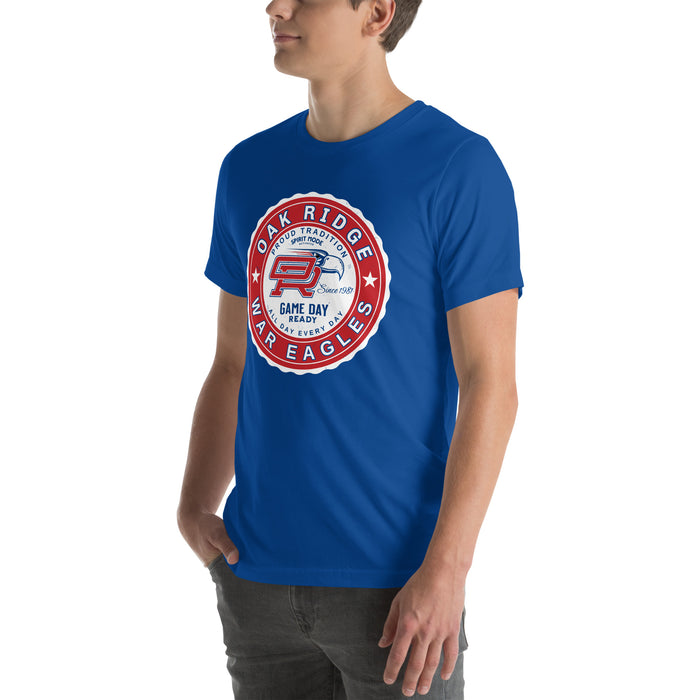 Man wearing Oak Ridge High School War Eagles Royal Blue Premium Unisex T-shirt 216