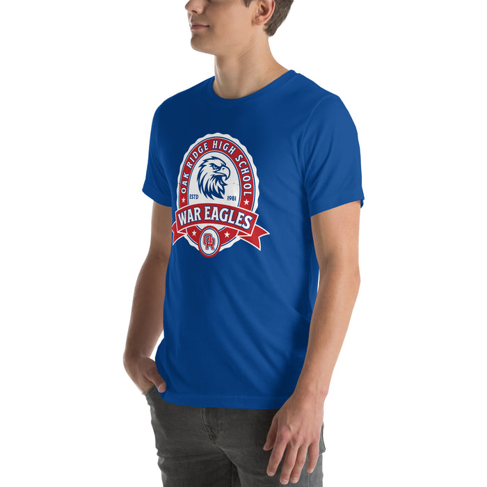 Man wearing Oak Ridge High School War Eagles Royal Blue Premium Unisex T-shirt 212
