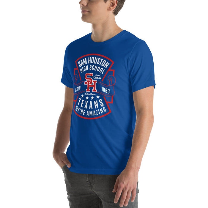 Man wearing Sam Houston High School Texans Royal Blue Premium Unisex T-shirt 207