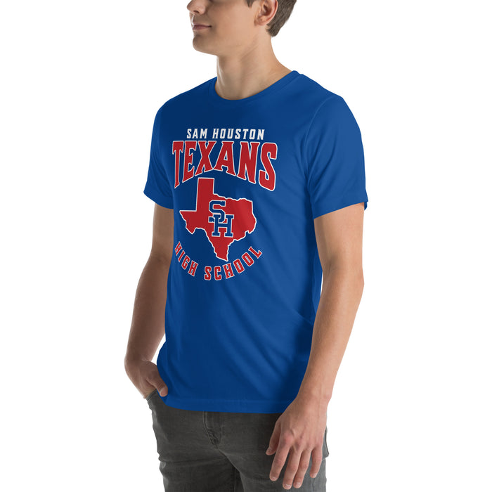 Man wearing Sam Houston High School Texans Royal Blue Premium Unisex T-shirt 213