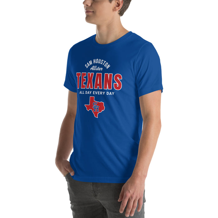 Man wearing Sam Houston High School Texans Royal Blue Premium Unisex T-shirt 040