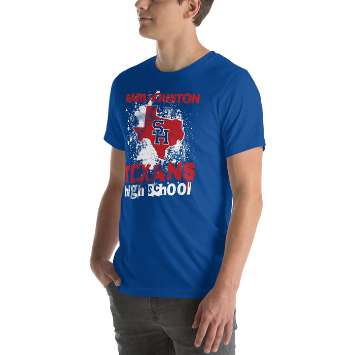 Man wearing Sam Houston High School Texans Royal Blue Premium Unisex T-shirt 205