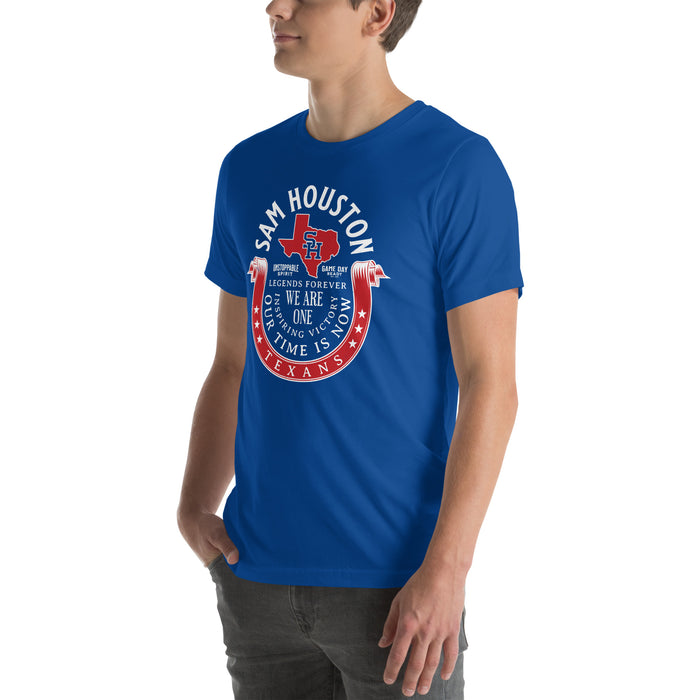 Man wearing Sam Houston High School Texans Royal Blue Premium Unisex T-shirt 229