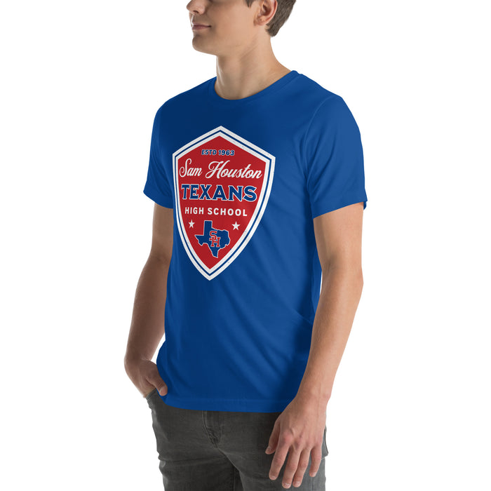 Man wearing Sam Houston High School Texans Royal Blue Premium Unisex T-shirt 225