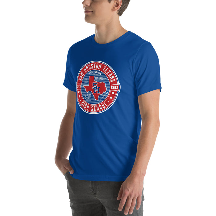 Man wearing Sam Houston High School Texans Royal Blue Premium Unisex T-shirt 224
