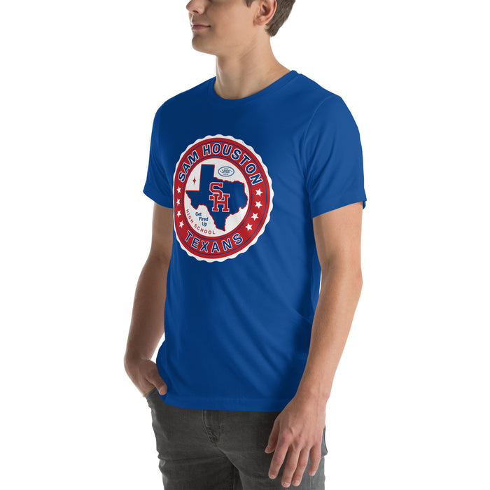 Man wearing Sam Houston High School Texans Royal Blue Premium Unisex T-shirt 216