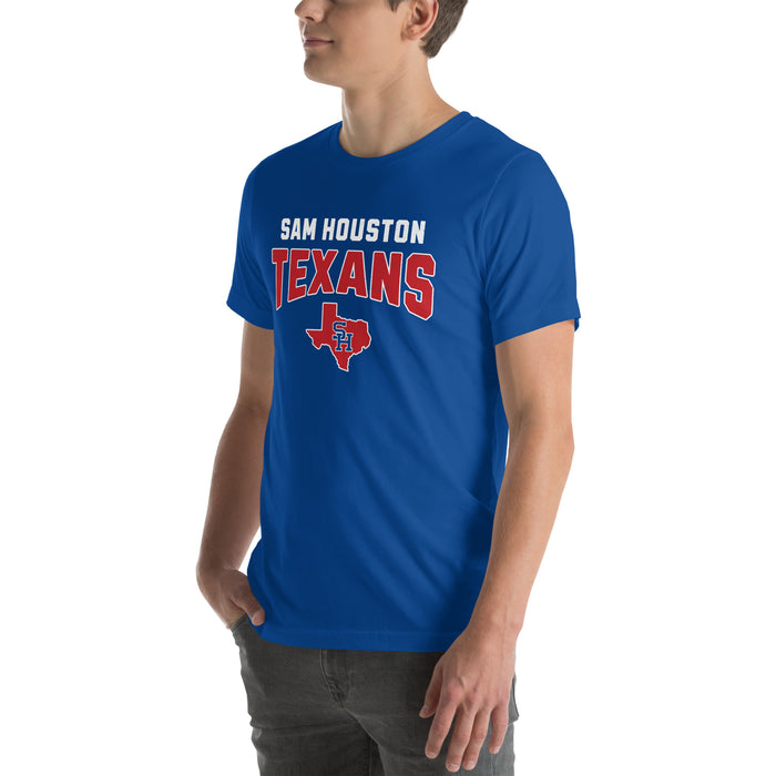 Man wearing Sam Houston High School Texans Royal Blue Premium Unisex T-shirt 234