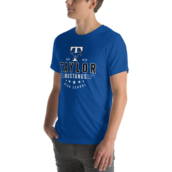 Man wearing Taylor High School Mustangs Royal Blue Premium Unisex T-shirt 217