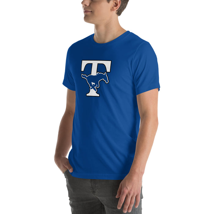 Man wearing Taylor High School Mustangs Royal Blue Premium Unisex T-shirt 200