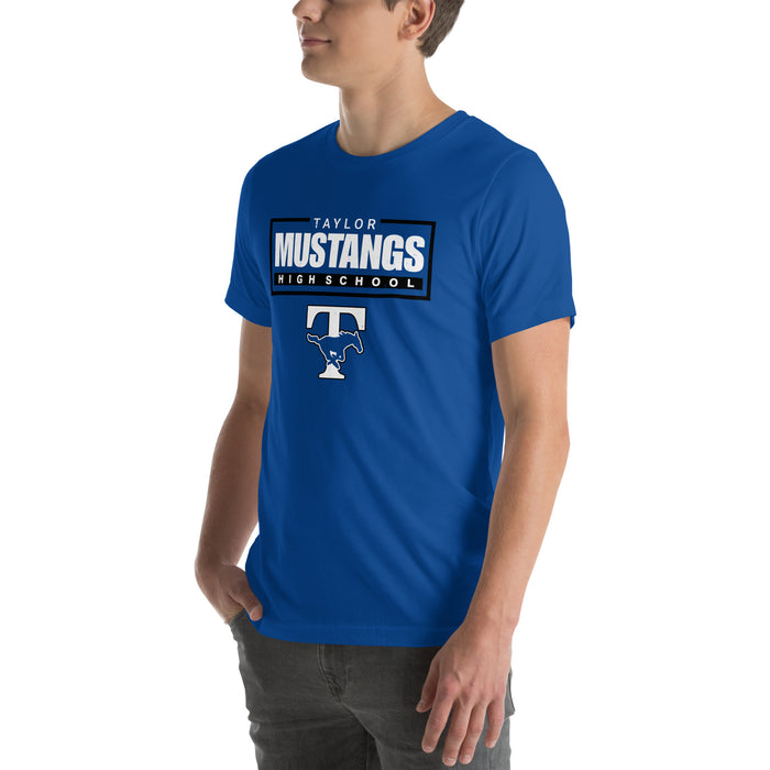Man wearing Taylor High School Mustangs Royal Blue Premium Unisex T-shirt 049