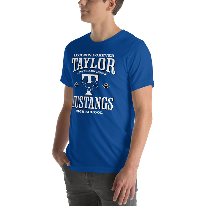 Man wearing Taylor High School Mustangs Royal Blue Premium Unisex T-shirt 230