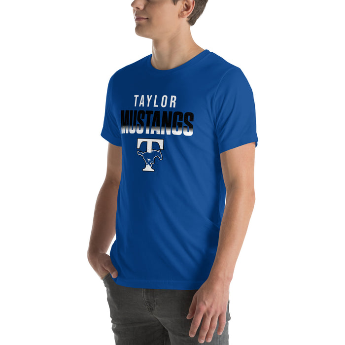 Man wearing Taylor High School Mustangs Royal Blue Premium Unisex T-shirt 024