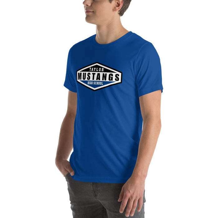 Man wearing Taylor High School Mustangs Royal Blue Premium Unisex T-shirt 009
