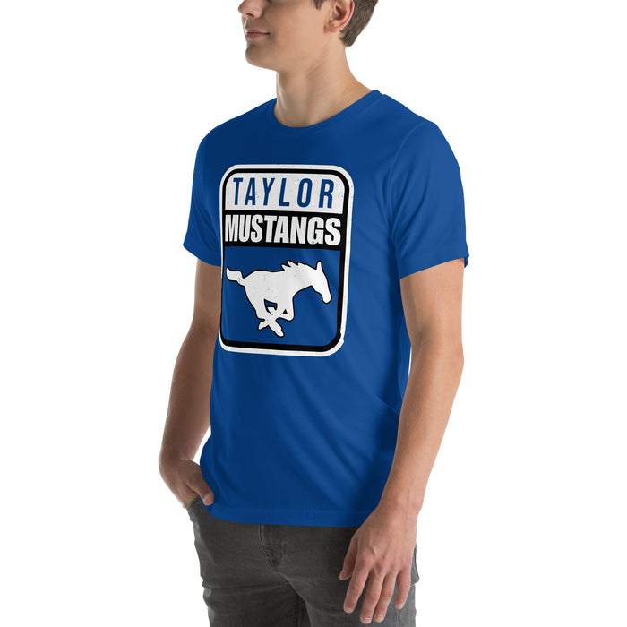 Man wearing Taylor High School Mustangs Royal Blue Premium Unisex T-shirt 001