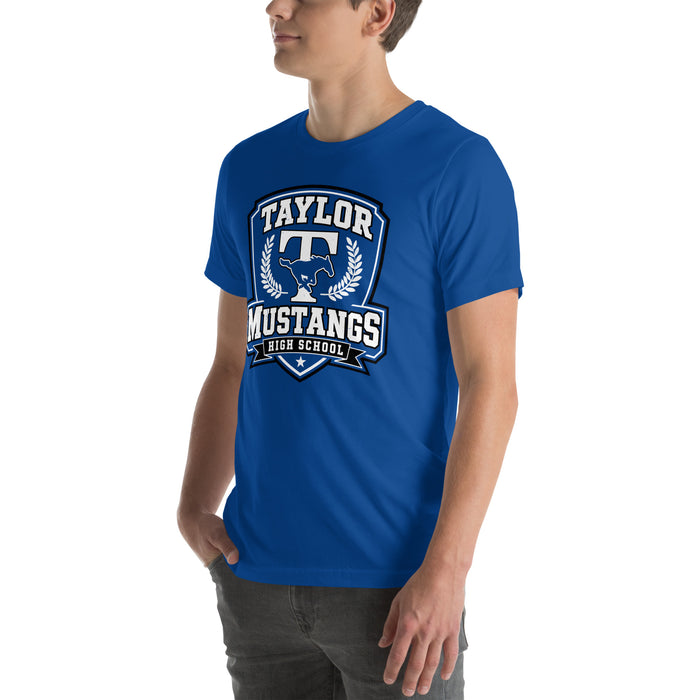 Man wearing Taylor High School Mustangs Royal Blue Premium Unisex T-shirt 020