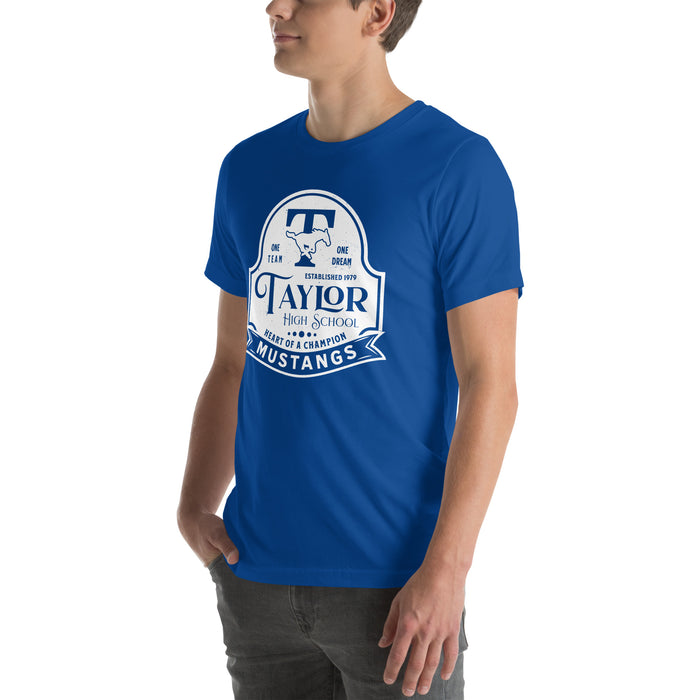 A man wearing a royal blue short-sleeve t-shirt with a white and blue 'Taylor High School Mustangs' graphic on the front, shown against a plain white background. Taylor High School Mustangs Royal Blue Premium Unisex T-shirt 219