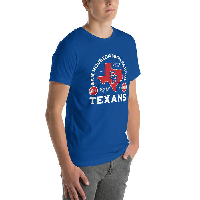 Man wearing Sam Houston High School Texans Royal Blue Premium Unisex T-shirt 208
