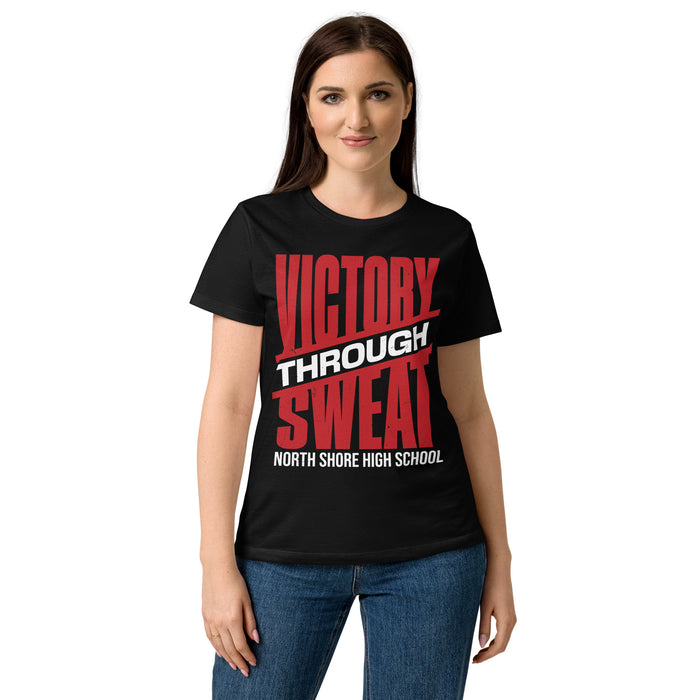 Woman wearing North Shore High School Mustangs Women's Black SoftStyle T-shirt 241
