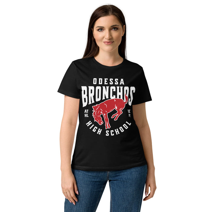 Woman wearing Odessa High School Bronchos Women's Black SoftStyle T-shirt 213