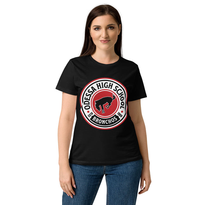 Woman wearing Odessa High School Bronchos Women's Black SoftStyle T-shirt 220