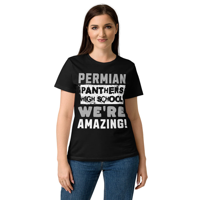 Young lady wearing Permian High School Panthers Women's Black SoftStyle T-shirt 231