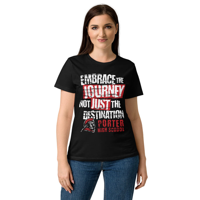 Young lady wearing Porter High School Spartans Women's Black SoftStyle T-shirt 232