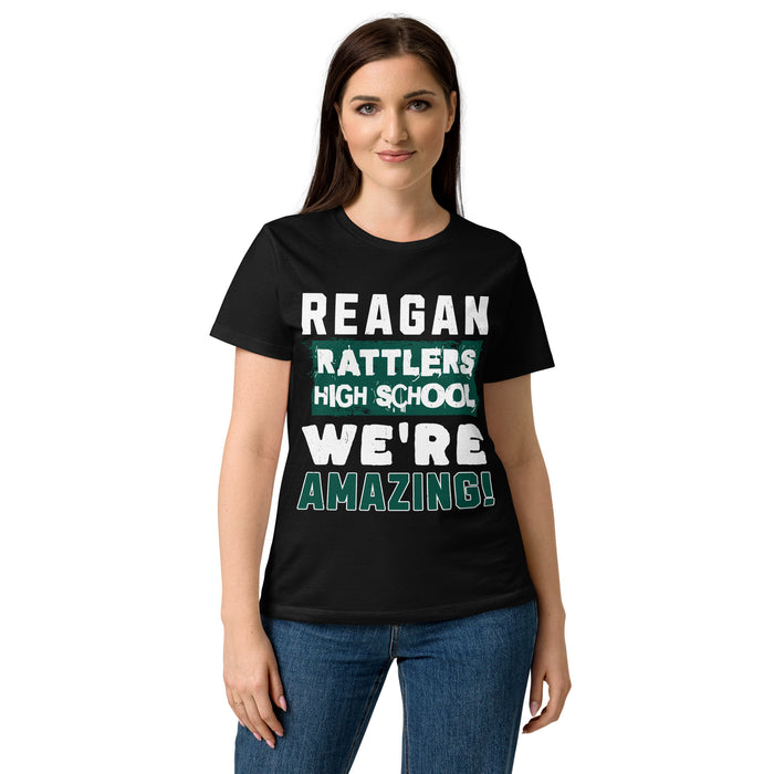 Front view of Reagan High School Rattlers Women's Black SoftStyle T-shirt 231