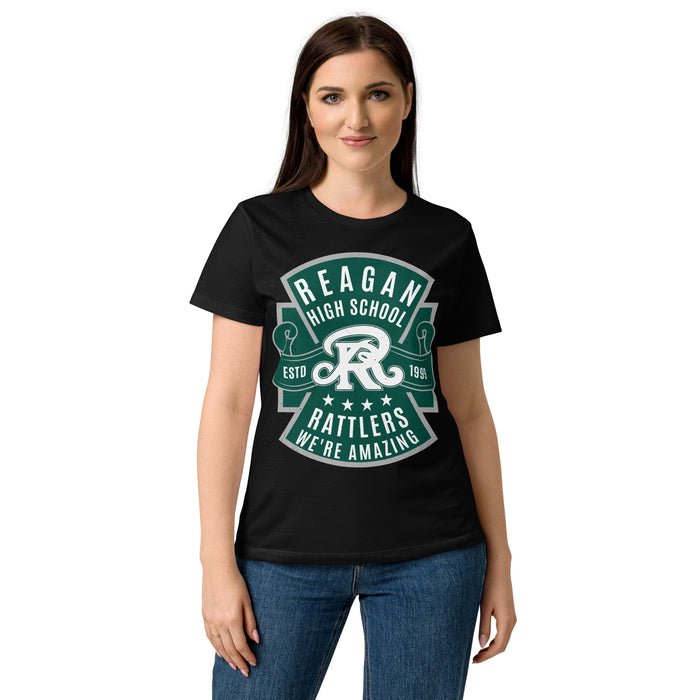 Woman wearing Reagan High School Rattlers Women's Black SoftStyle T-shirt 207