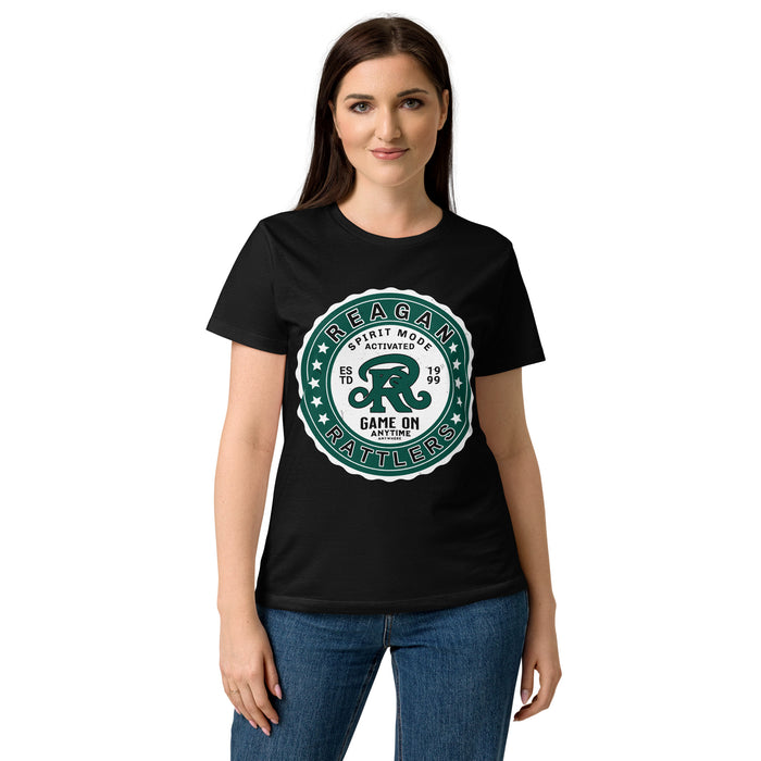 Young lady wearing Reagan High School Rattlers Women's Black SoftStyle T-shirt 216