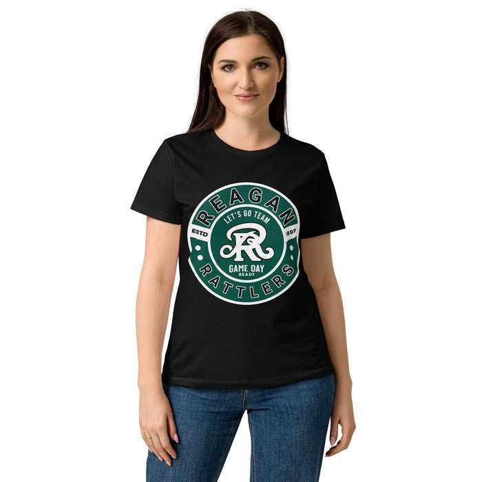 Back view of Reagan High School Rattlers Women's Black SoftStyle T-shirt 239