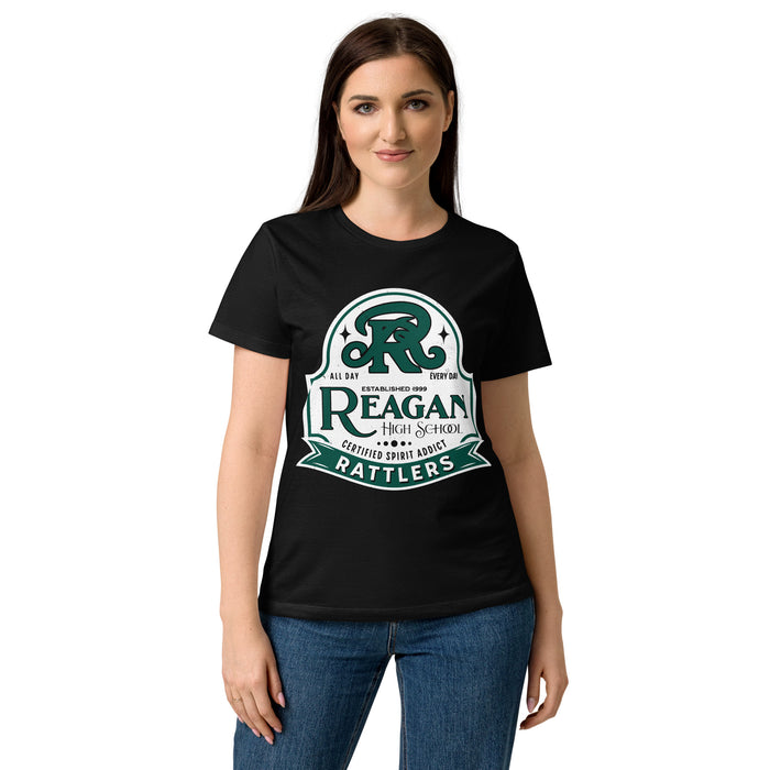 Woman wearing Reagan High School Rattlers Women's Black SoftStyle T-shirt 219