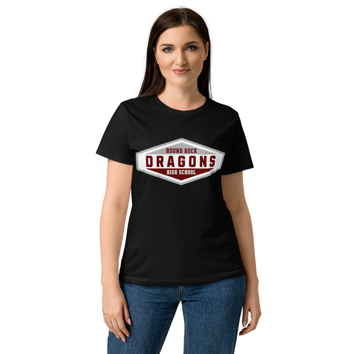 front view of Round Rock High School Dragons Women's Black SoftStyle T-shirt 009