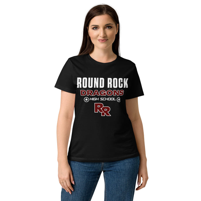 Front view of Round Rock High School Dragons Women's Black SoftStyle T-shirt 003