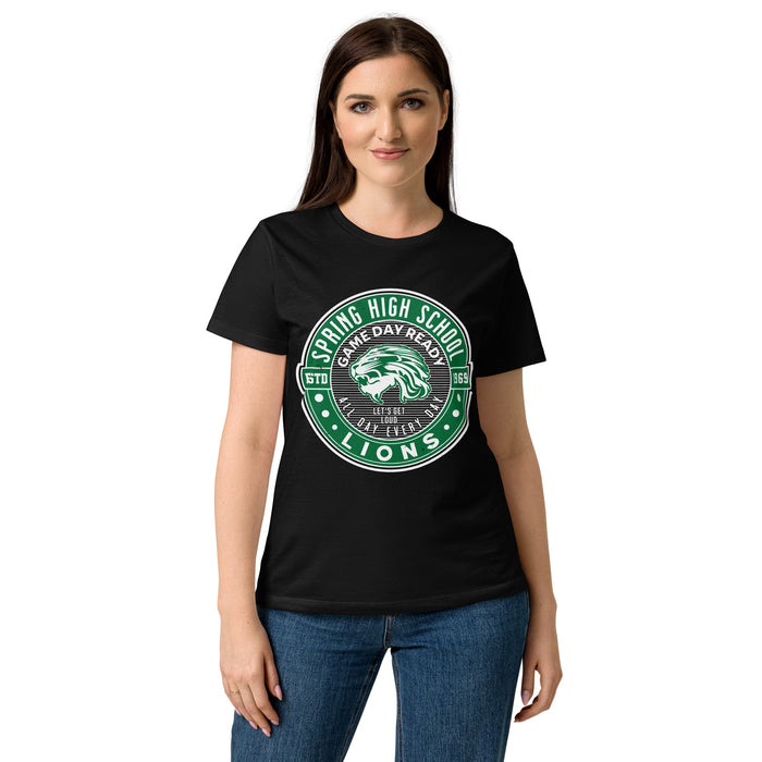 Woman wearing Spring High School Lions Women's Black SoftStyle T-shirt 224
