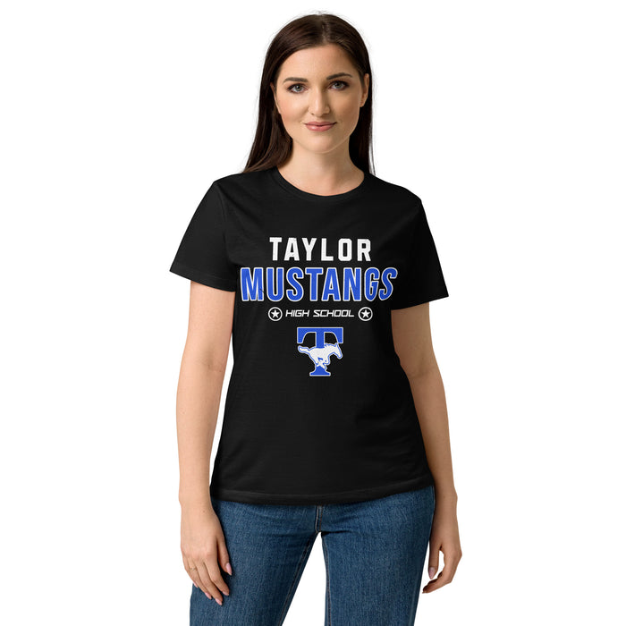 Lady wearing Taylor High School Mustangs Women's Black SoftStyle T-shirt 003