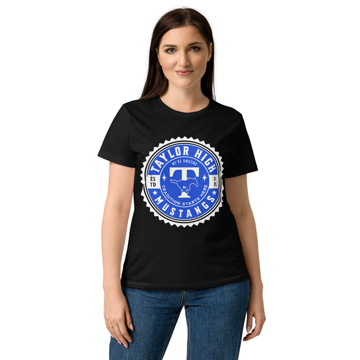 Young lady wearing Taylor High School Mustangs Women's Black SoftStyle T-shirt 203