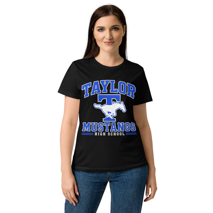 Lady wearing Taylor High School Mustangs Women's Black SoftStyle T-shirt 060