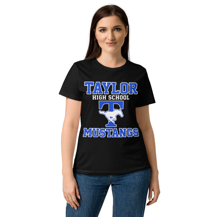Front view of Taylor High School Mustangs Women's Black SoftStyle T-shirt 006
