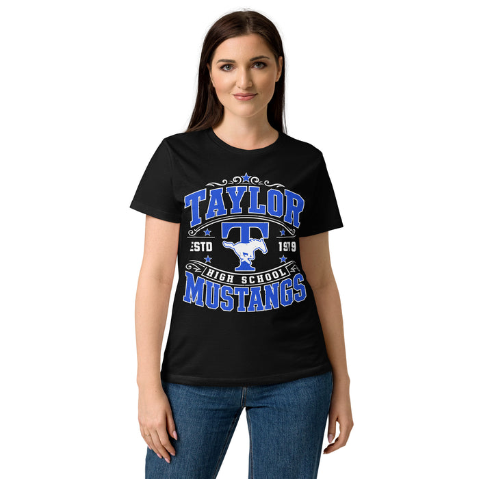Lady wearing Taylor High School Mustangs Women's Black SoftStyle T-shirt 030