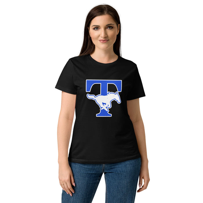 Lady wearing Taylor High School Mustangs Women's Black SoftStyle T-shirt 200